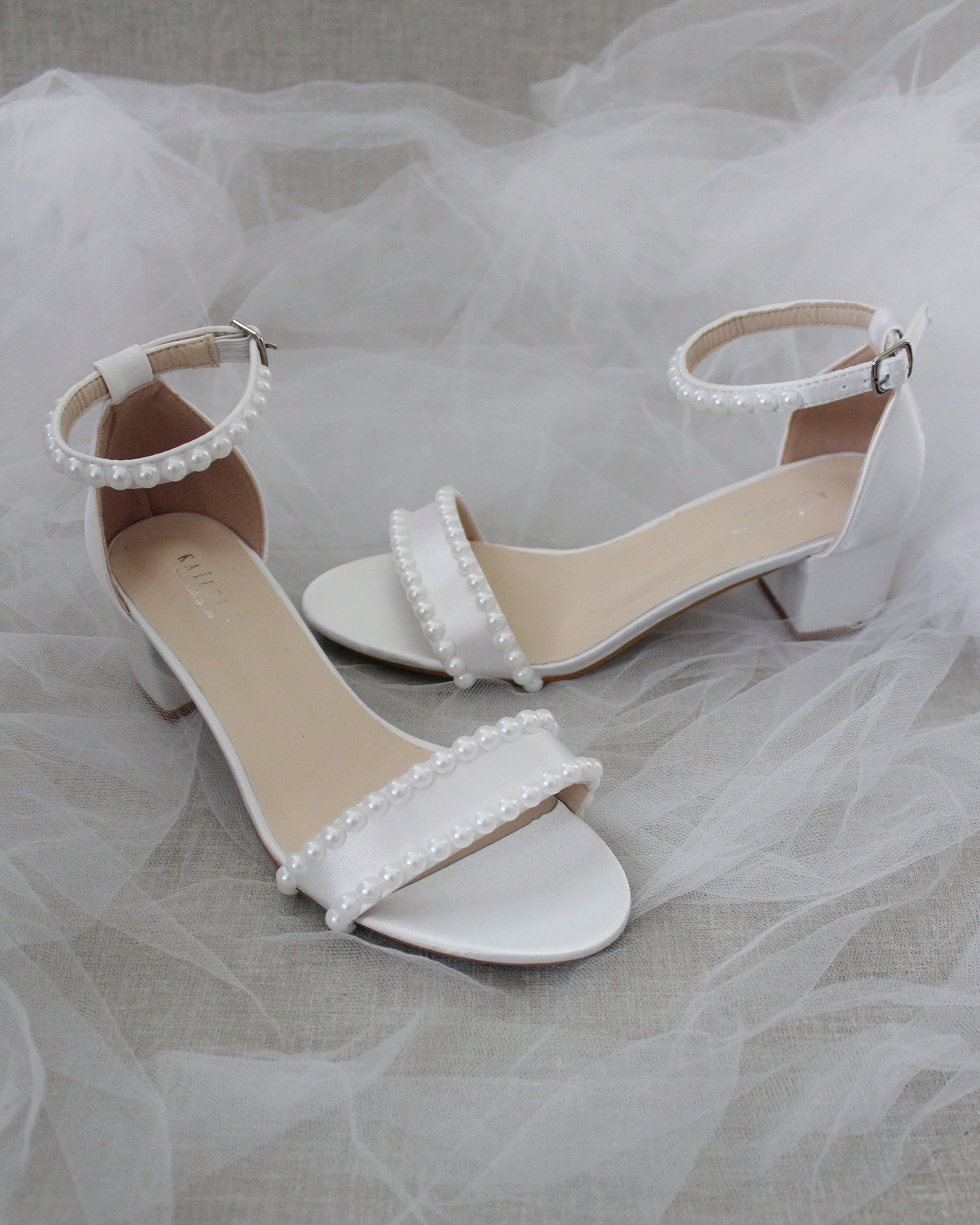 Satin Block Heel Sandals with Pearls