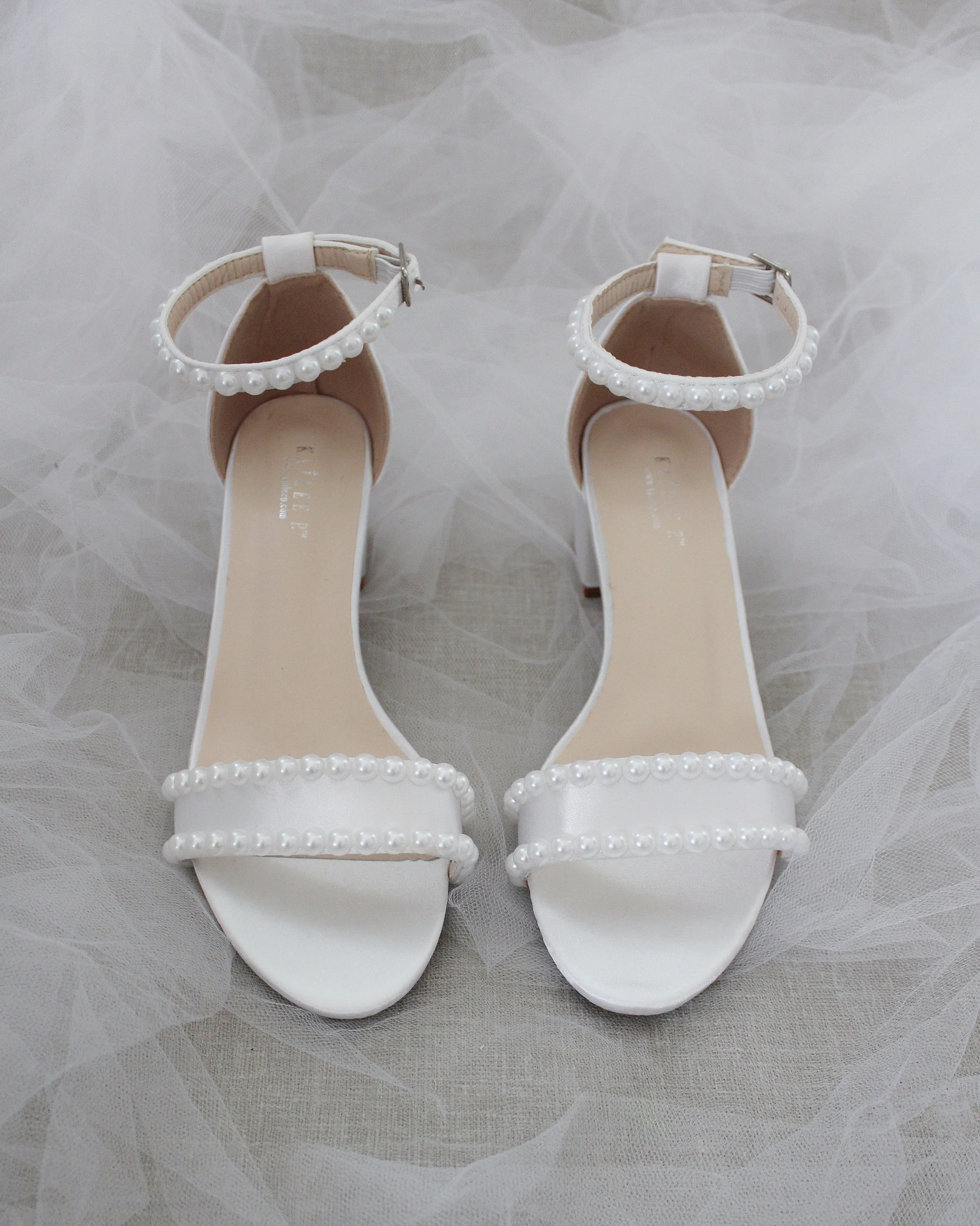 Satin Block Heel Sandals with Pearls