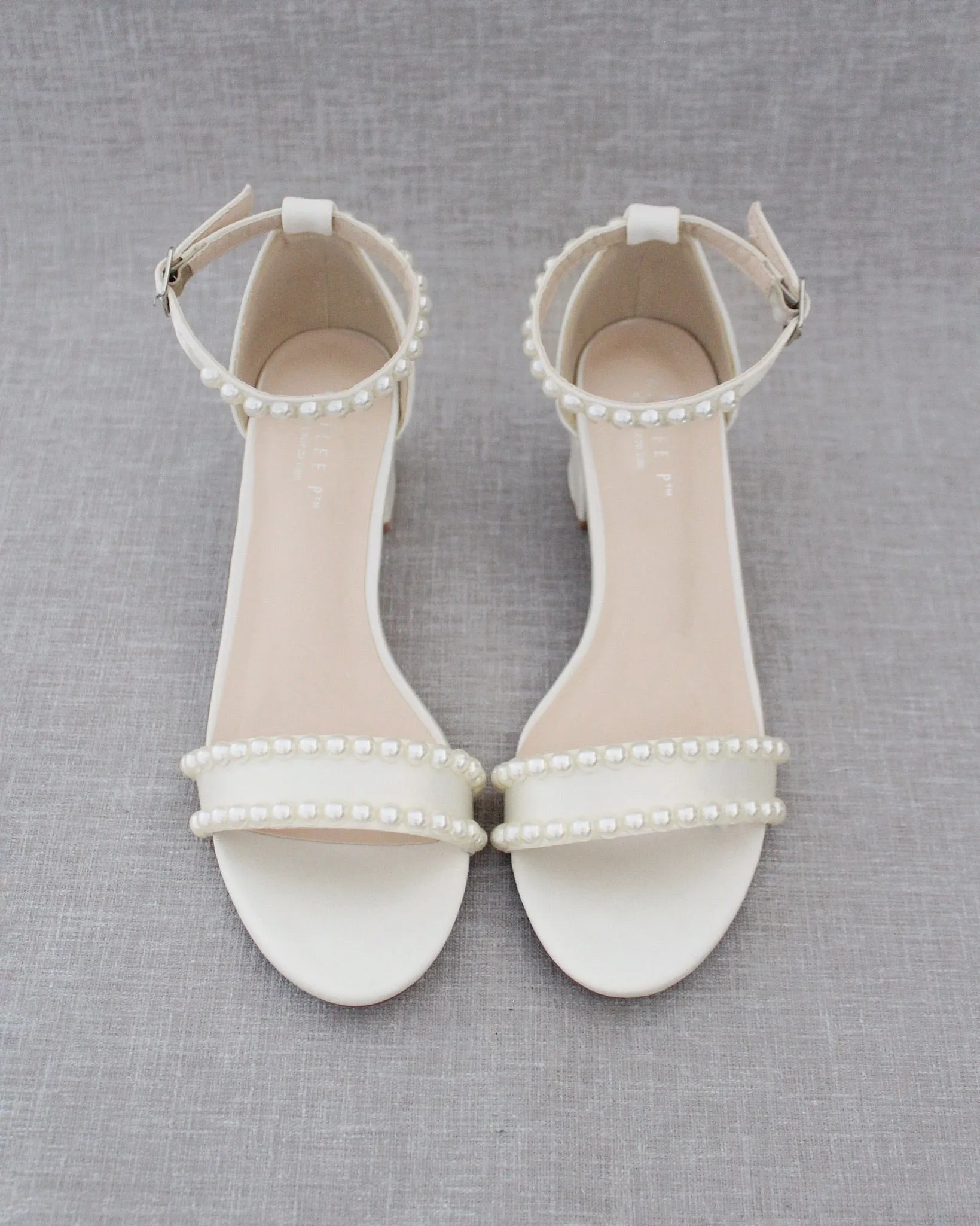 Satin Block Heel Sandals with Pearls