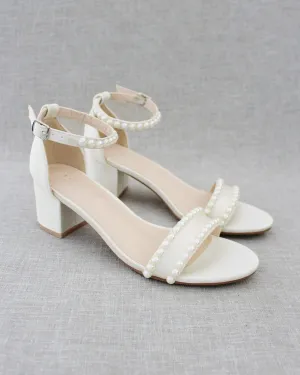 Satin Block Heel Sandals with Pearls