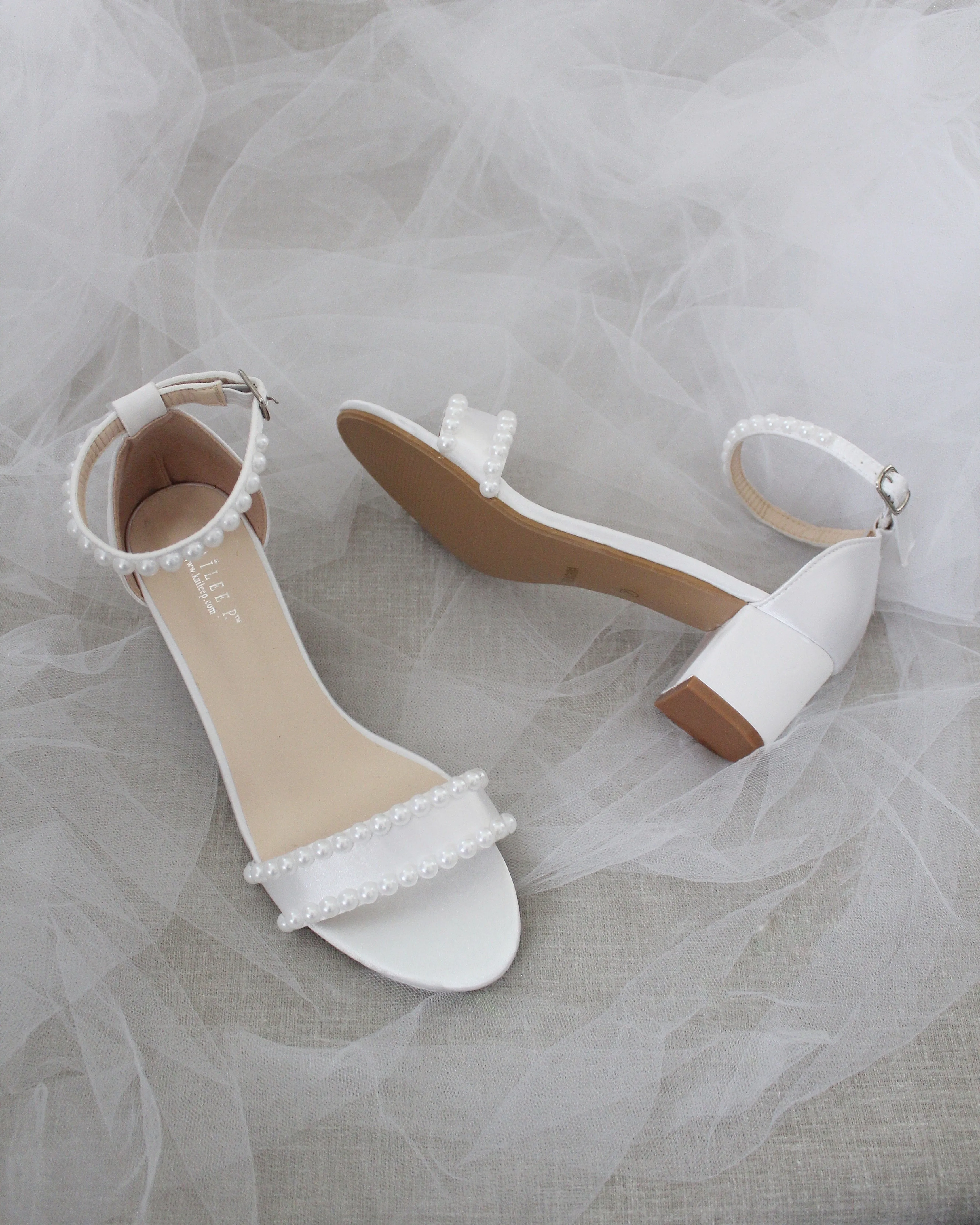 Satin Block Heel Sandals with Pearls