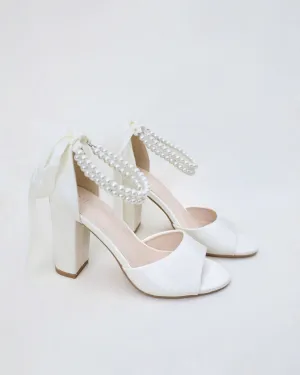 Satin Block Heel Wedding Sandals with Double Pearl Strap