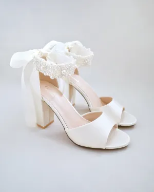 Satin Block Heel Wedding Sandals with Perla Ankle Strap