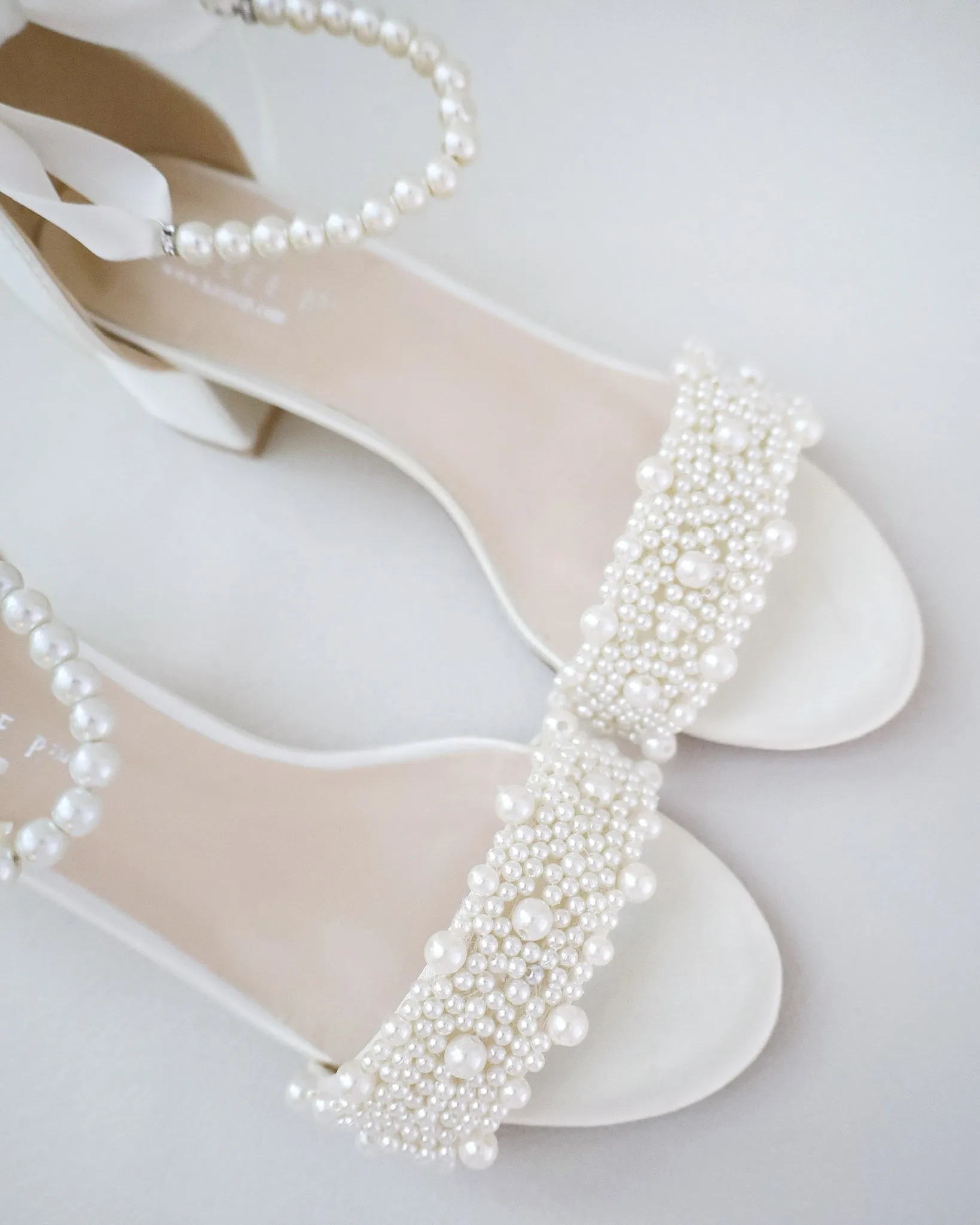 Satin Block Heel Wedding Sandals with Perla Applique and All Pearls Strap