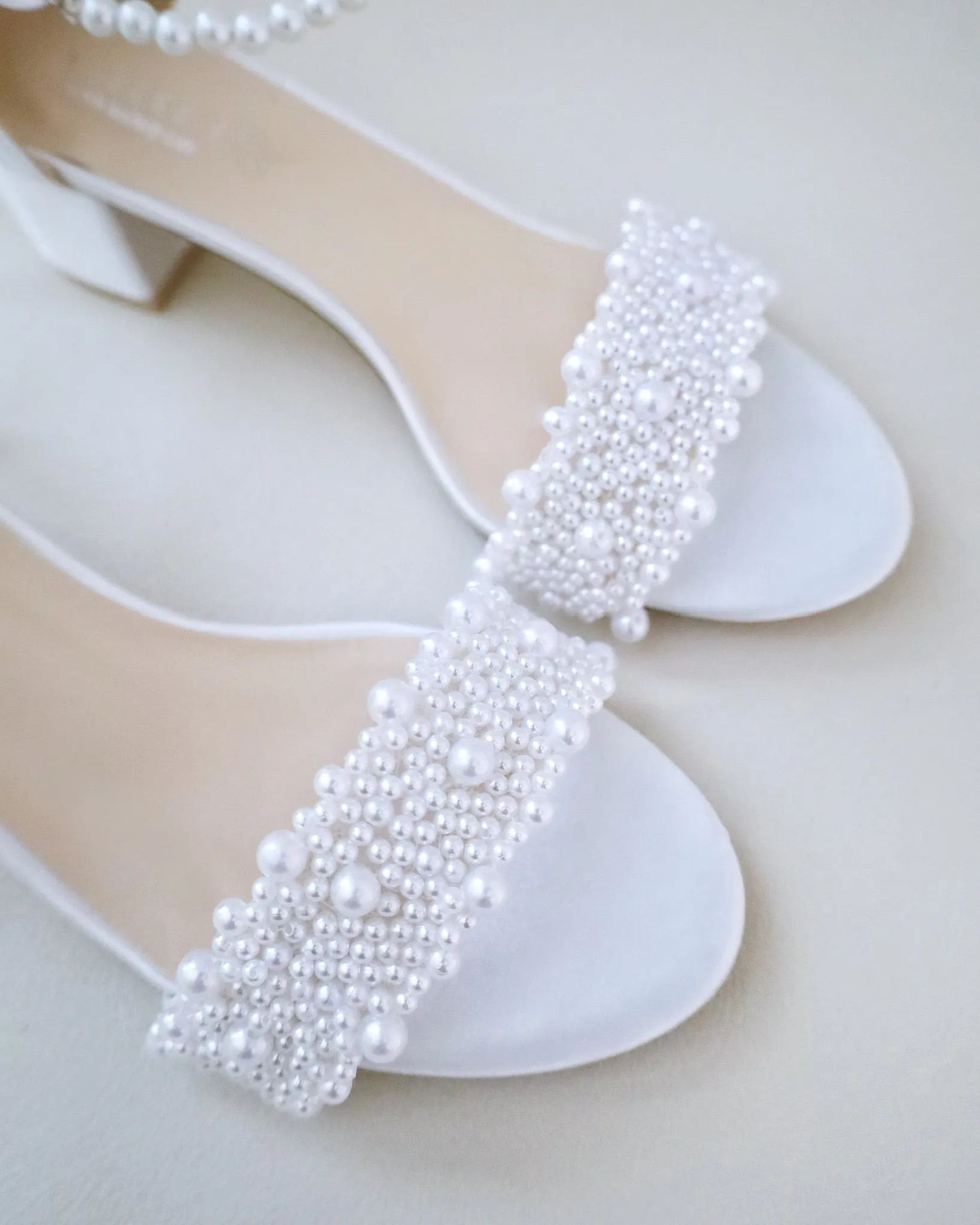 Satin Block Heel Wedding Sandals with Perla Applique and All Pearls Strap
