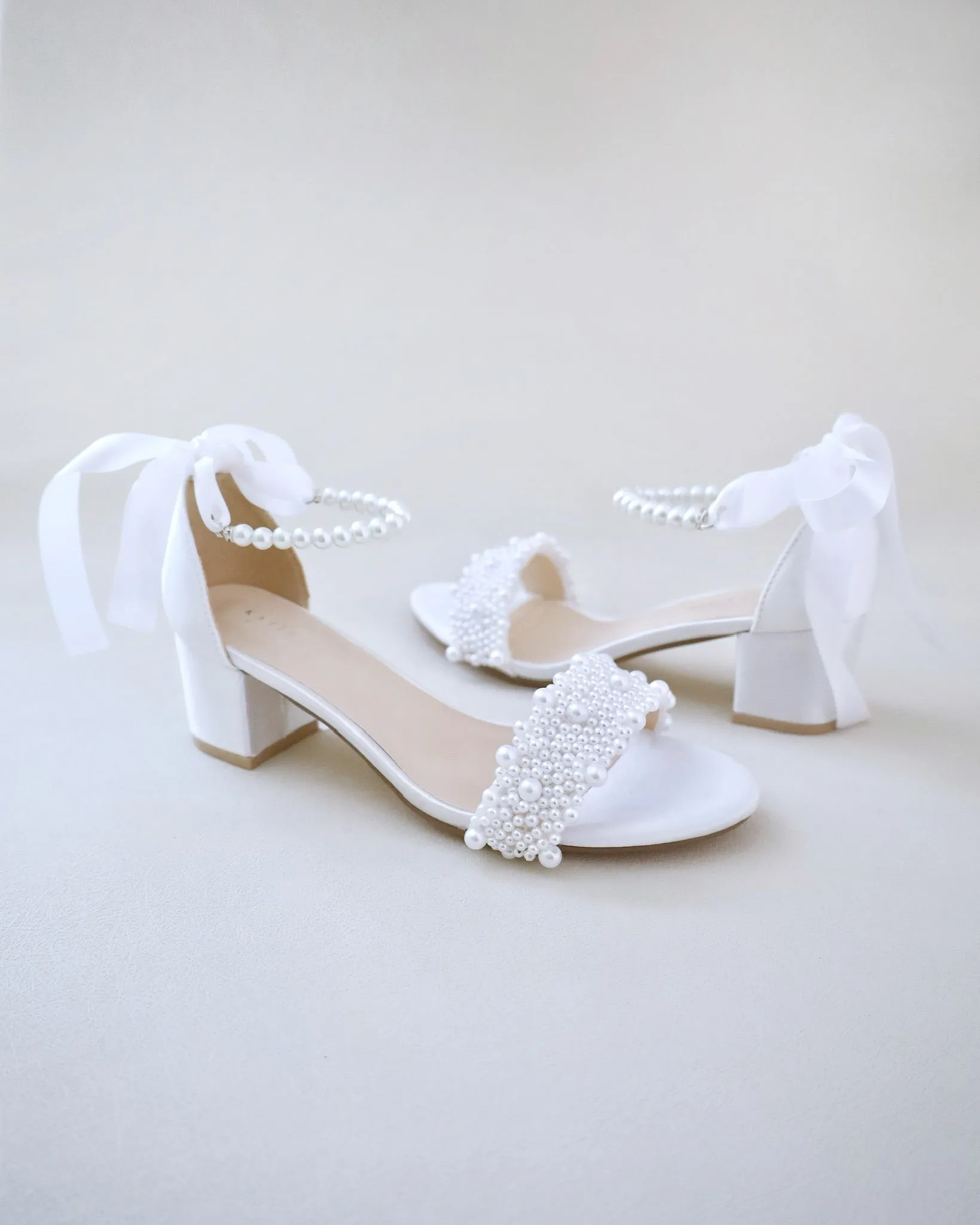 Satin Block Heel Wedding Sandals with Perla Applique and All Pearls Strap