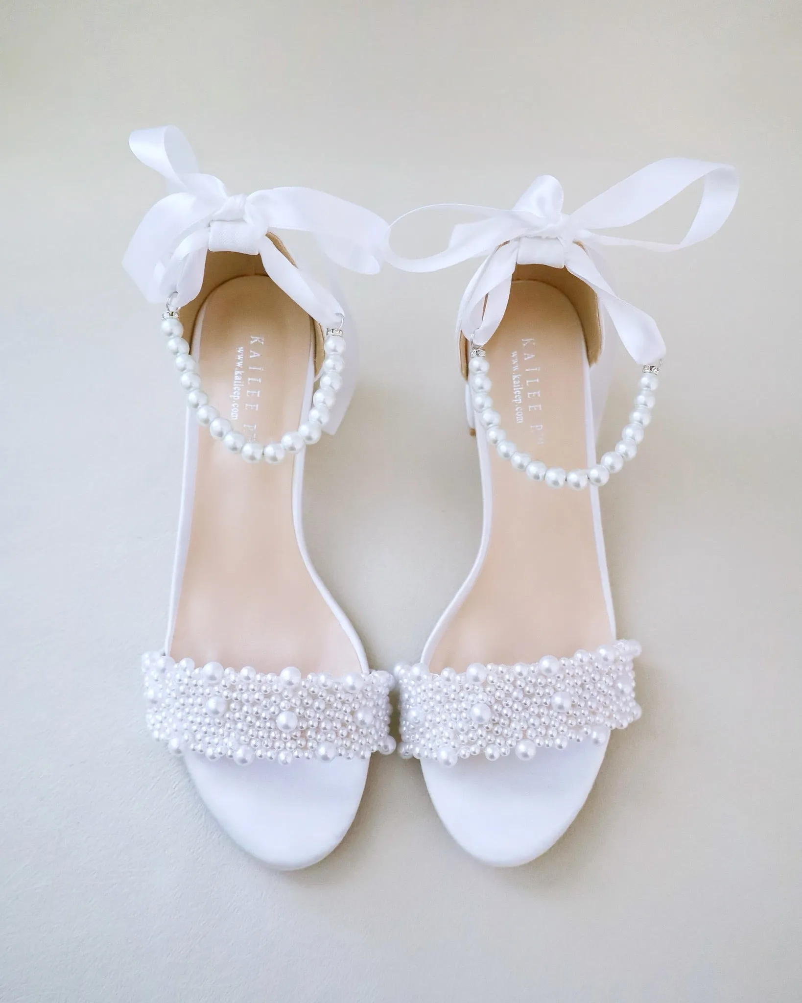 Satin Block Heel Wedding Sandals with Perla Applique and All Pearls Strap