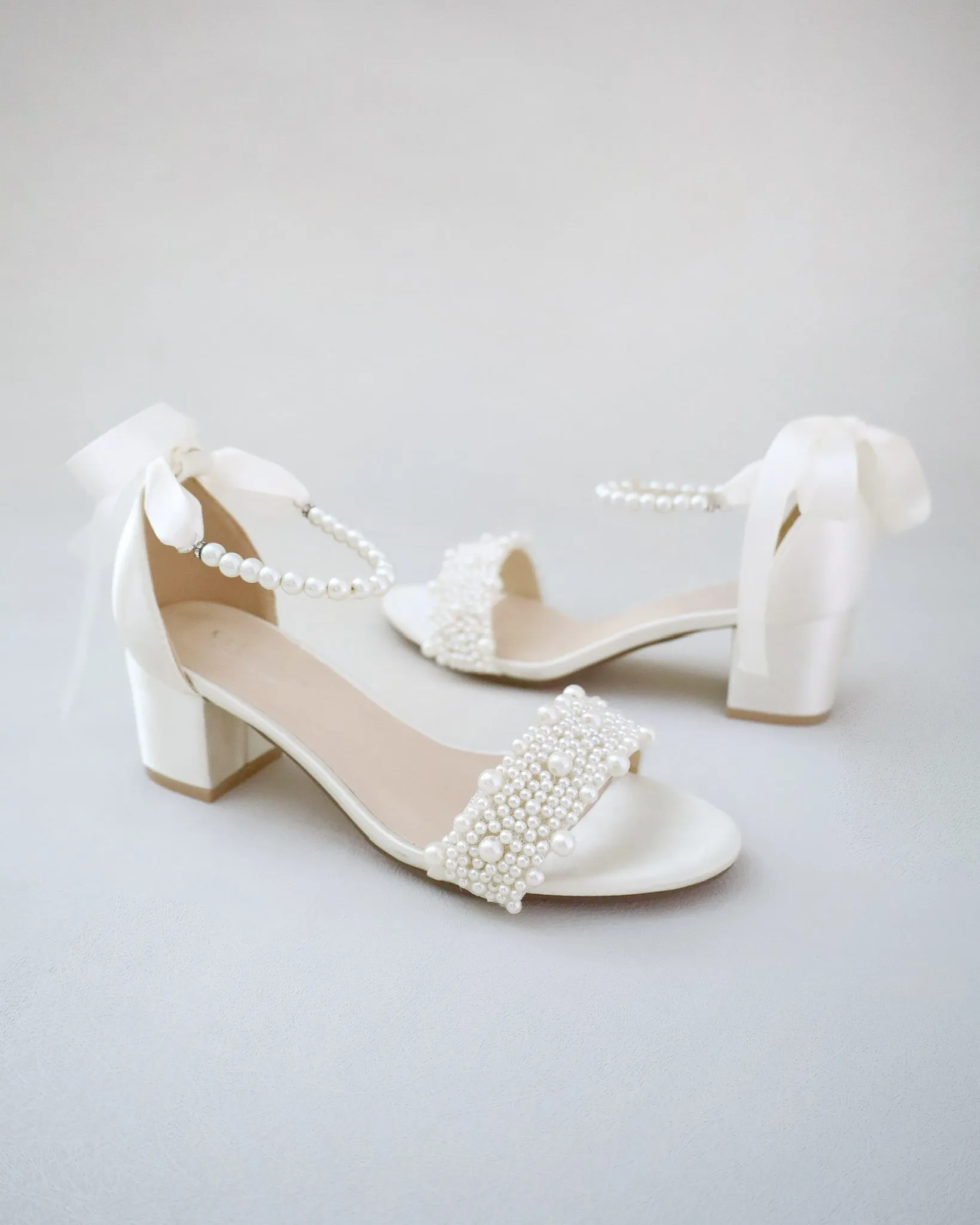 Satin Block Heel Wedding Sandals with Perla Applique and All Pearls Strap