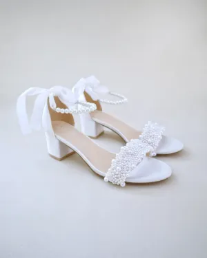 Satin Block Heel Wedding Sandals with Perla Applique and All Pearls Strap