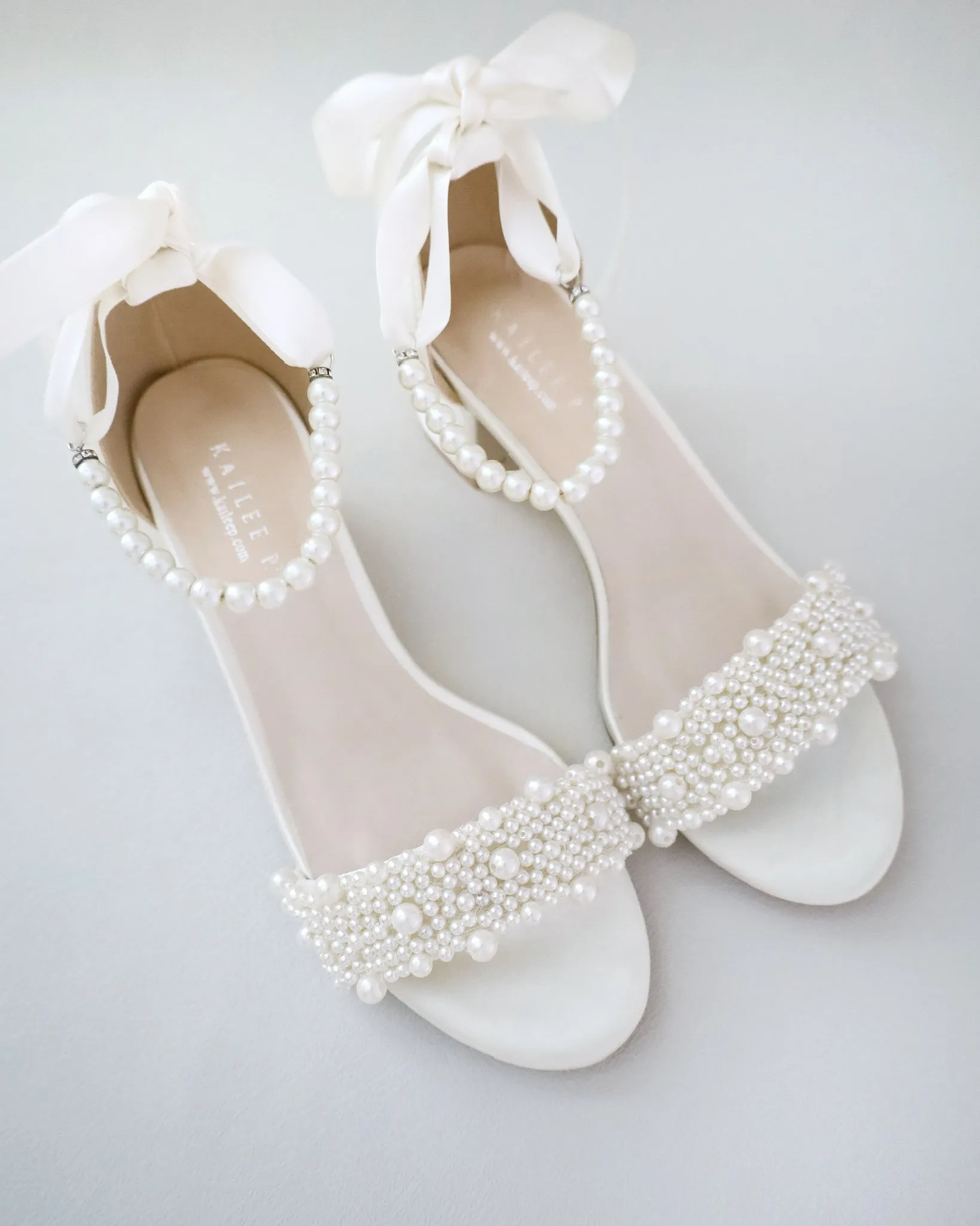 Satin Block Heel Wedding Sandals with Perla Applique and All Pearls Strap