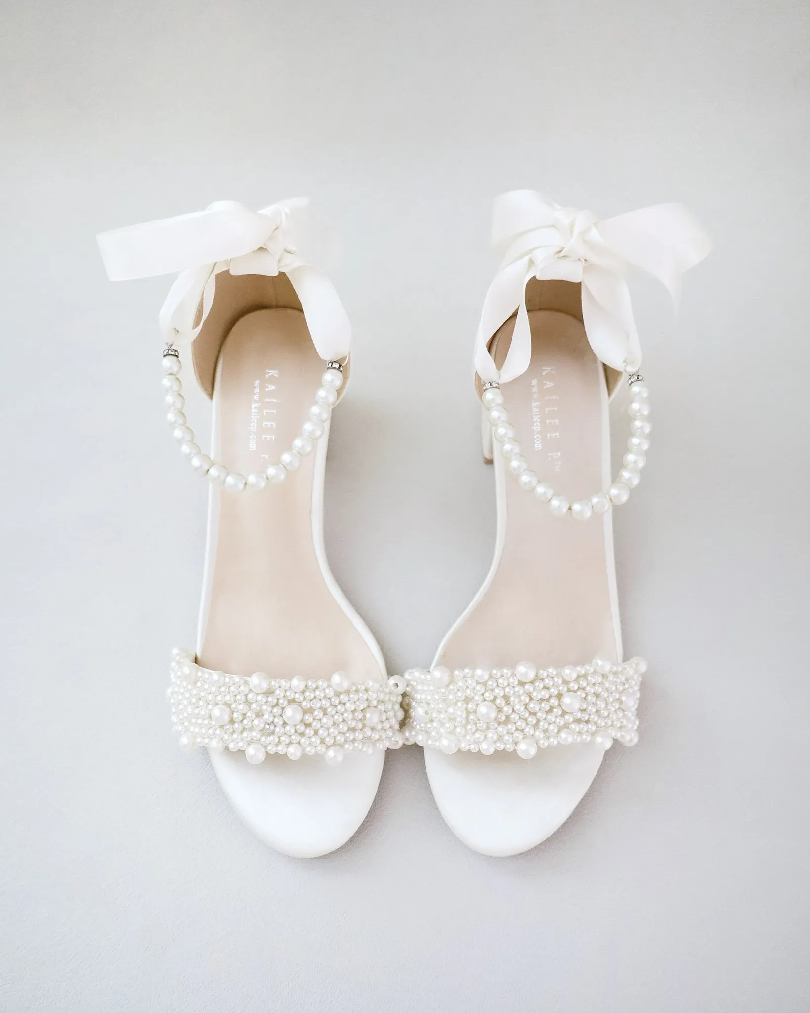 Satin Block Heel Wedding Sandals with Perla Applique and All Pearls Strap