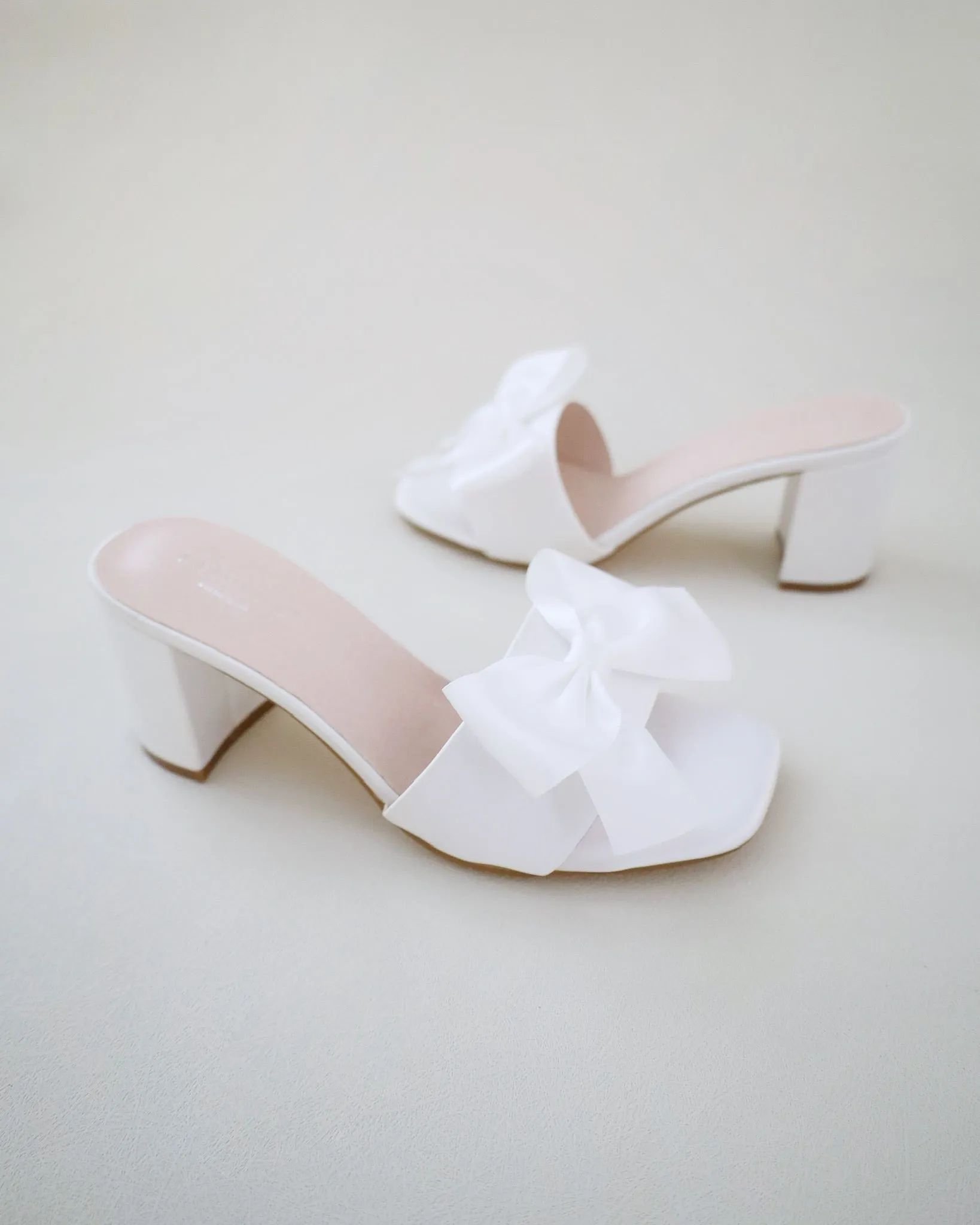 Satin Block Heels Slide Wedding Sandals with Satin Bow
