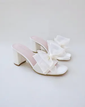 Satin Block Heels Wedding Slide Sandals with Layered Organza Bow
