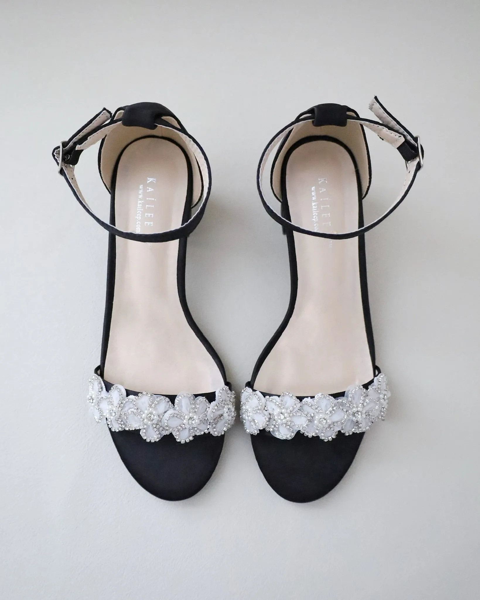 Satin Evening Block Heel Sandals with Rhinestones Chassia Flower