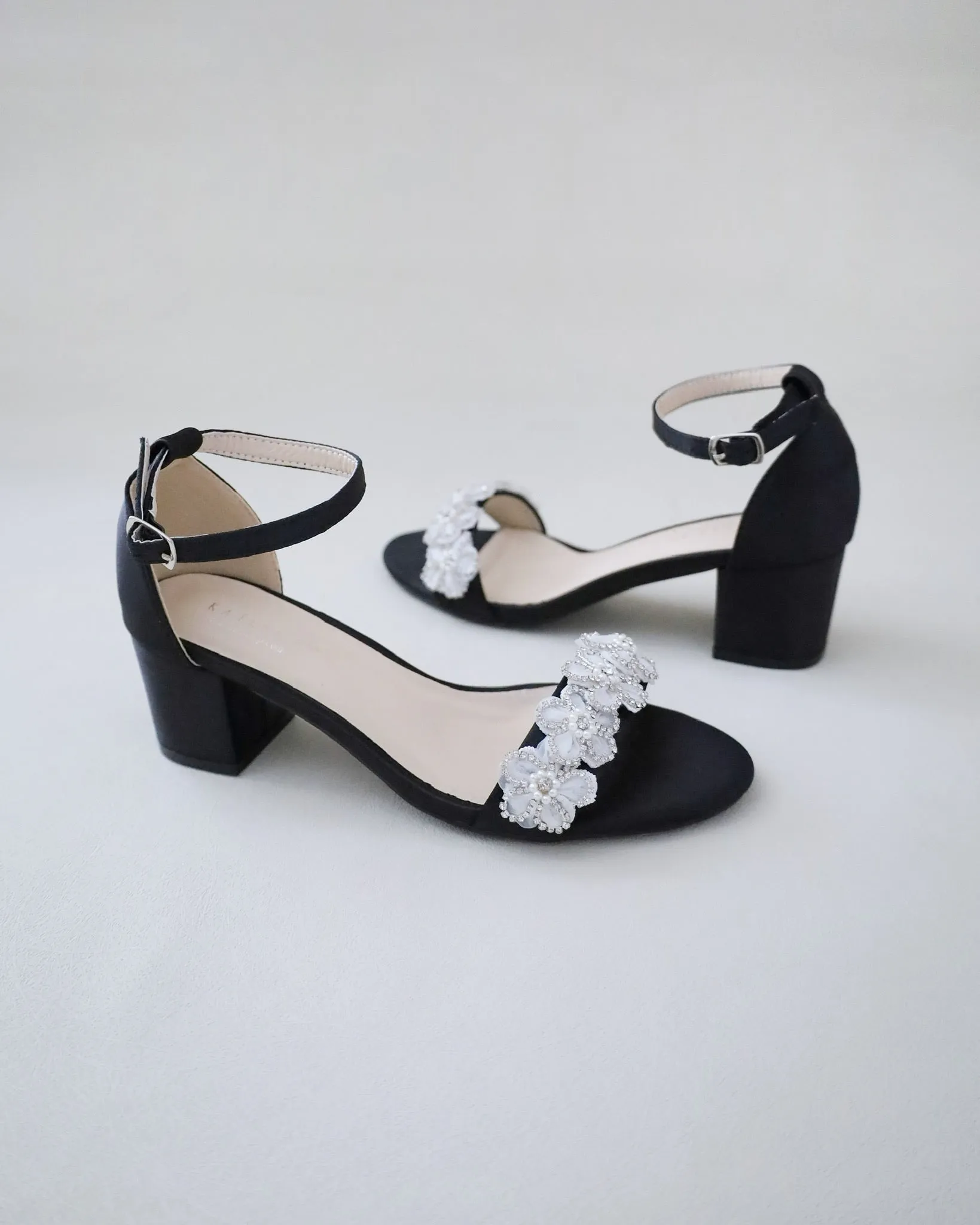 Satin Evening Block Heel Sandals with Rhinestones Chassia Flower
