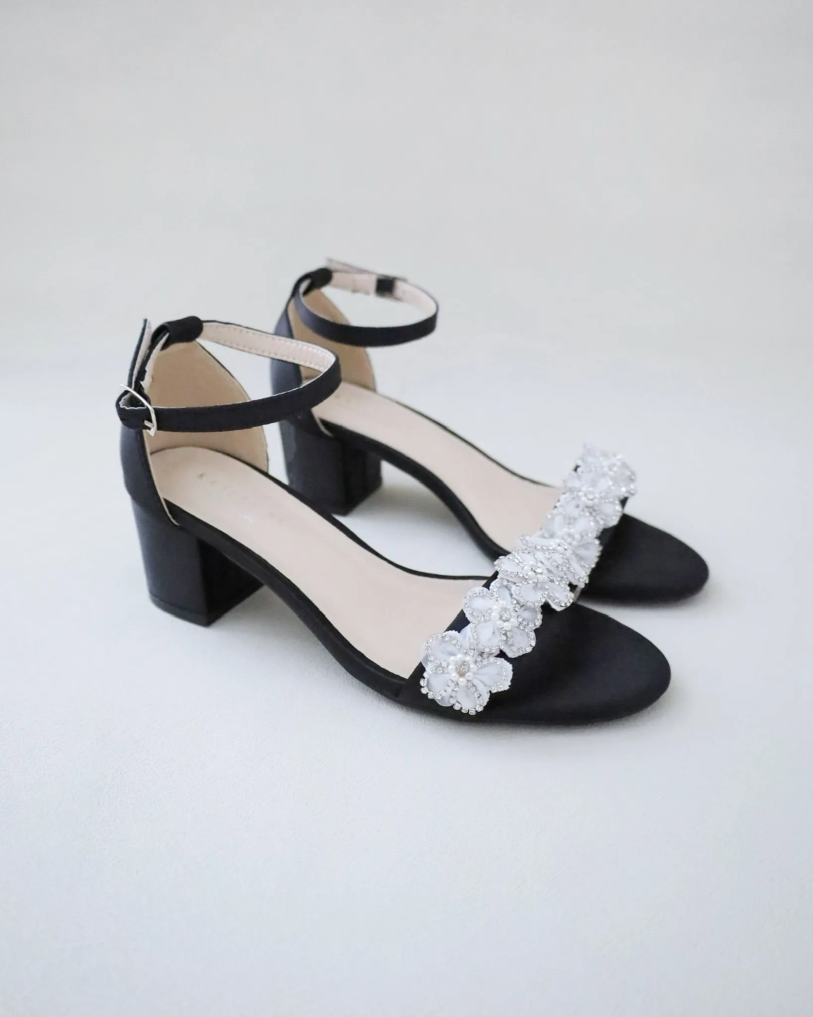 Satin Evening Block Heel Sandals with Rhinestones Chassia Flower