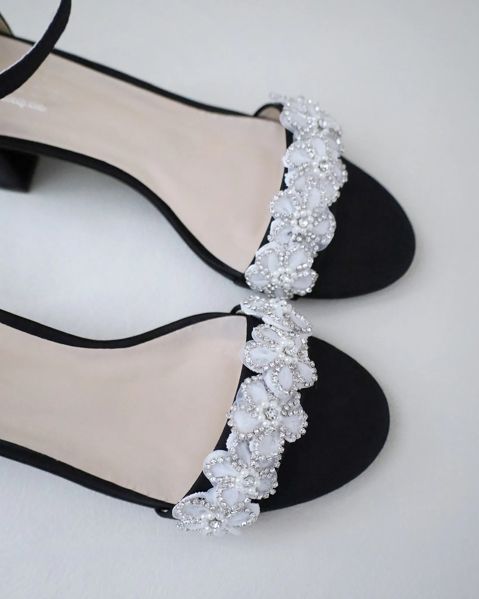 Satin Evening Block Heel Sandals with Rhinestones Chassia Flower