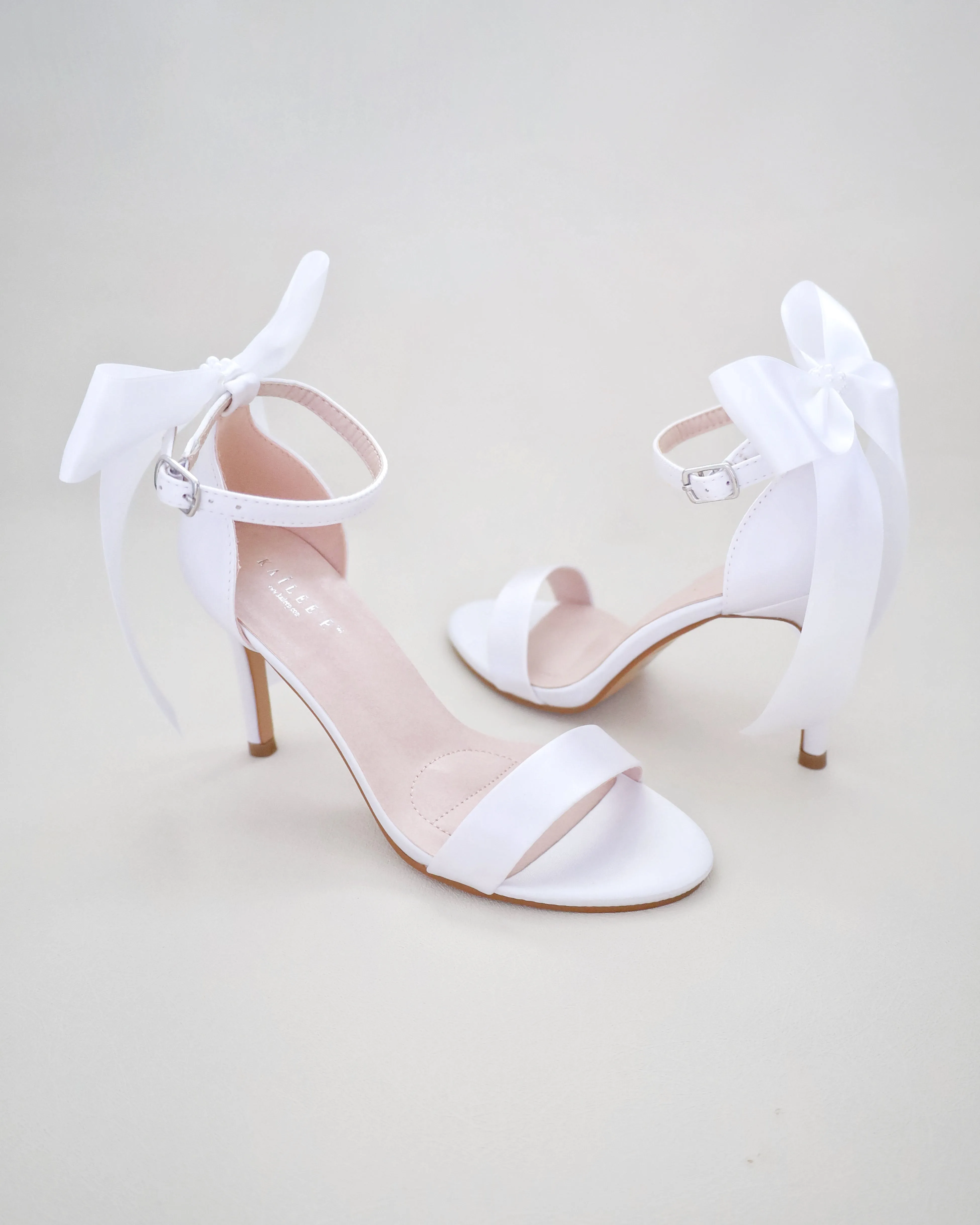 Satin High Heel Wedding Sandals with Satin and Pearls Back Bow