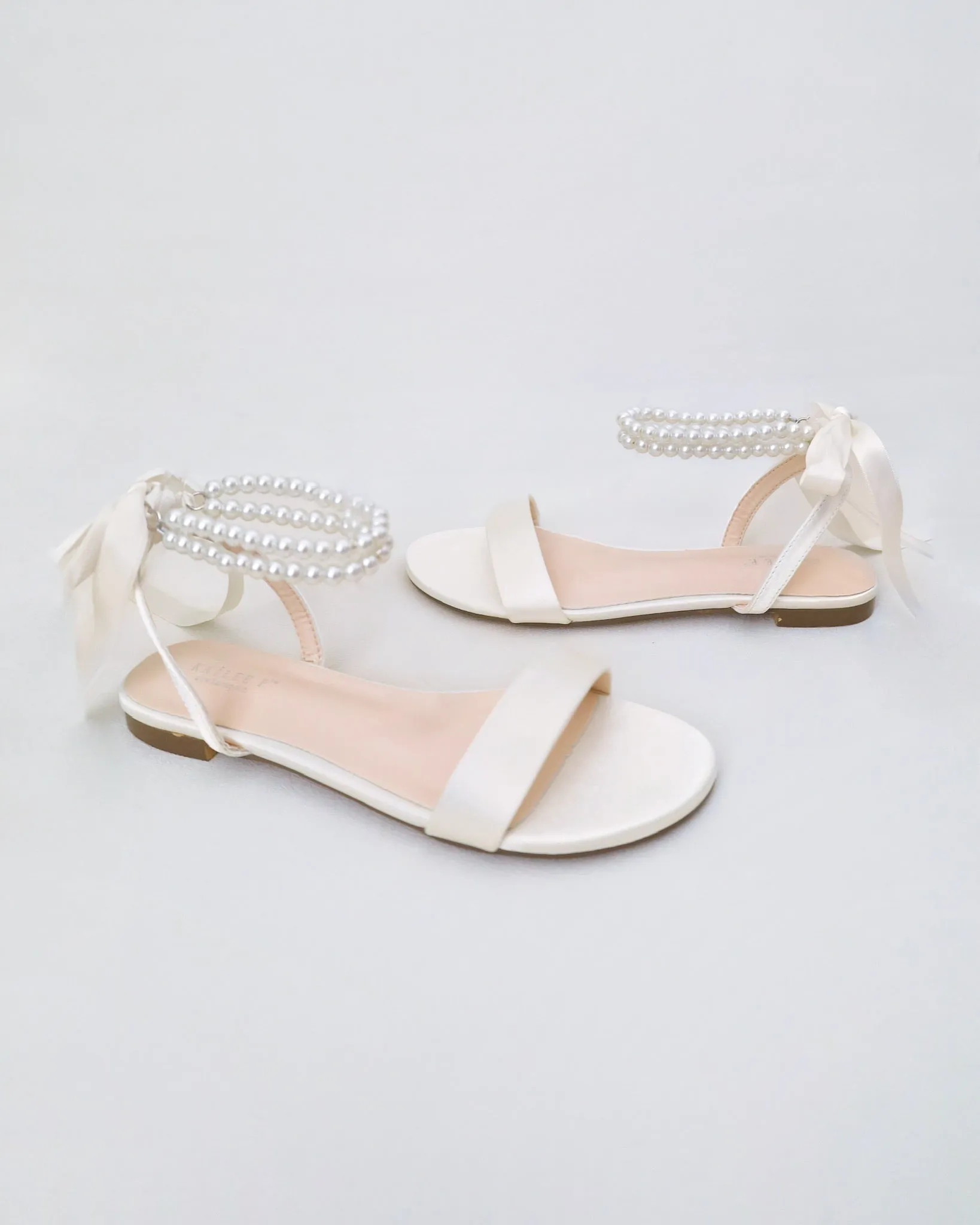 Satin Wedding Flat Sandal with Double Pearls Strap