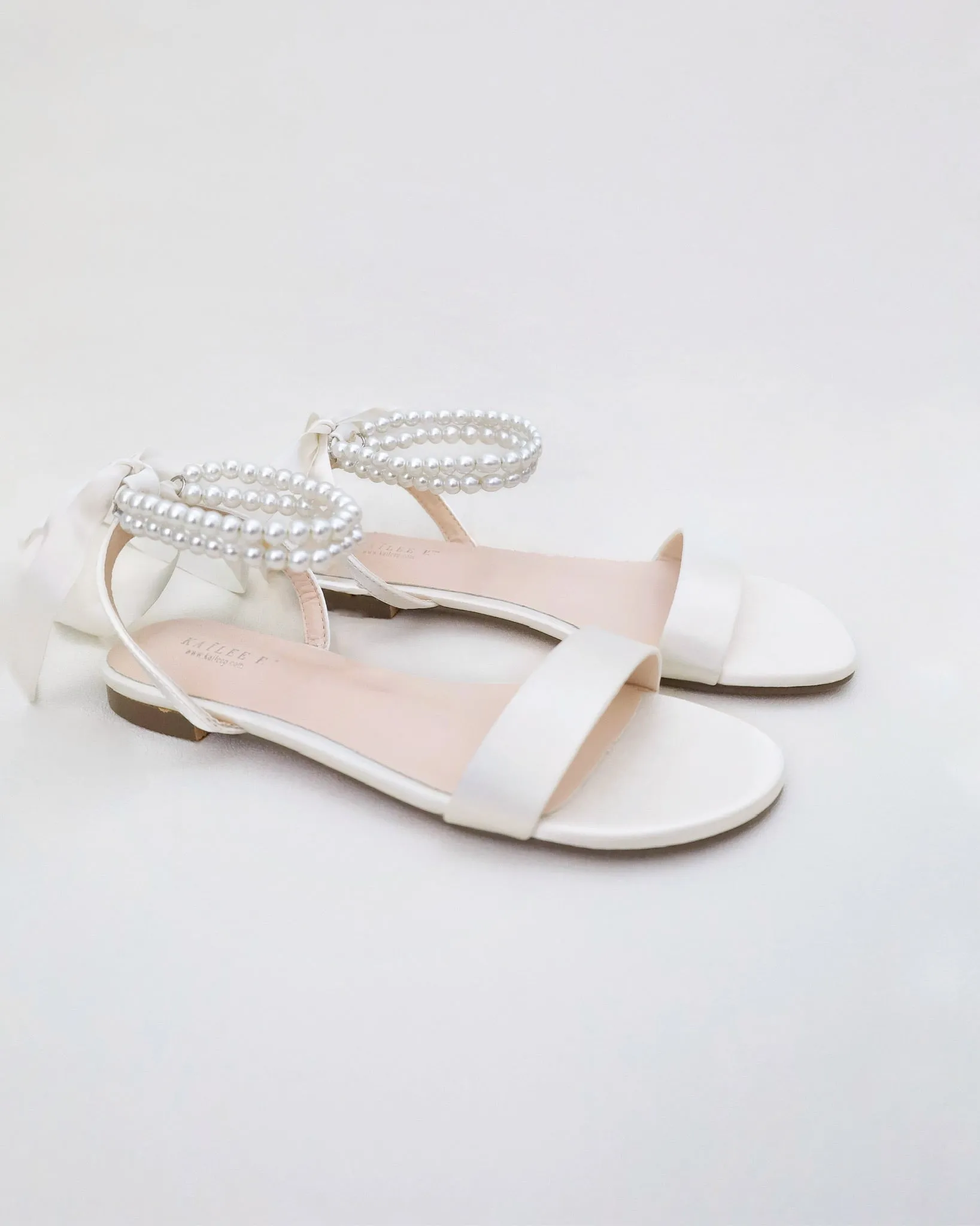 Satin Wedding Flat Sandal with Double Pearls Strap