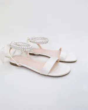 Satin Wedding Flat Sandal with Double Pearls Strap