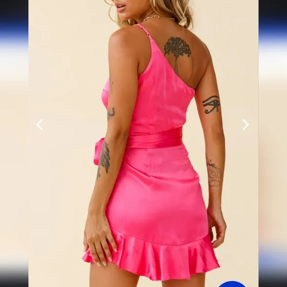 SELFIE LESLIE DON'T WAIT UP ONE SHOULDER WAIST TIE DRESS HOT PINK