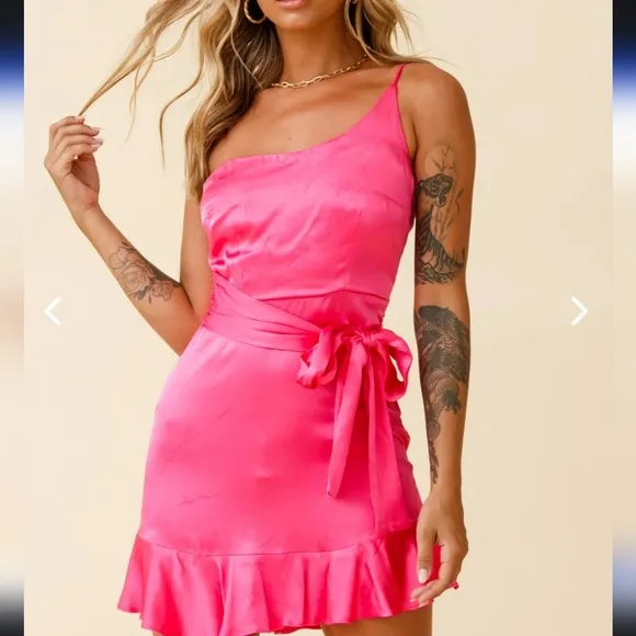 SELFIE LESLIE DON'T WAIT UP ONE SHOULDER WAIST TIE DRESS HOT PINK