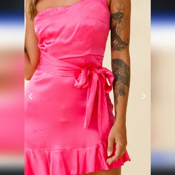 SELFIE LESLIE DON'T WAIT UP ONE SHOULDER WAIST TIE DRESS HOT PINK