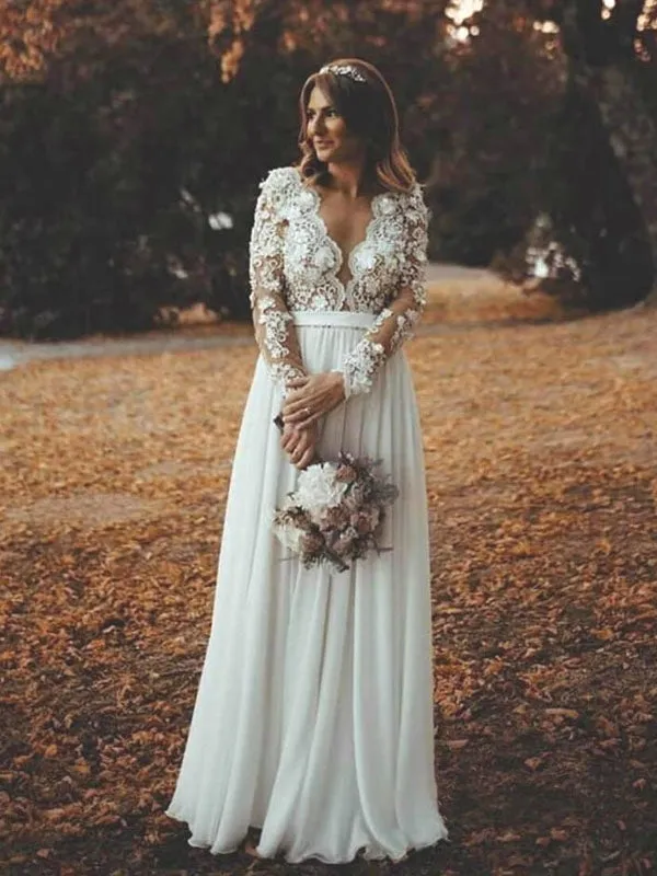 Sexy A-line Long Sleeves Lace Vintage Side-slit Long Wedding Dresses, WD0537