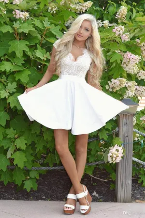 Sexy Cap Sleeves White Lace A Line Short Homecoming Dresses with Open Back OK344
