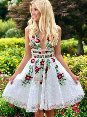 Sexy Deep V-neck Floral Homecoming Dress Open Back Short Prom Party Dress PIN7118