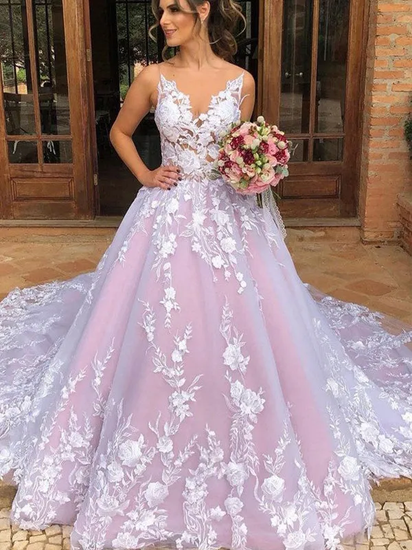 Sexy Luxury Pink Illusion Lace Backless A-line Long Train Wedding Dress, WD3050