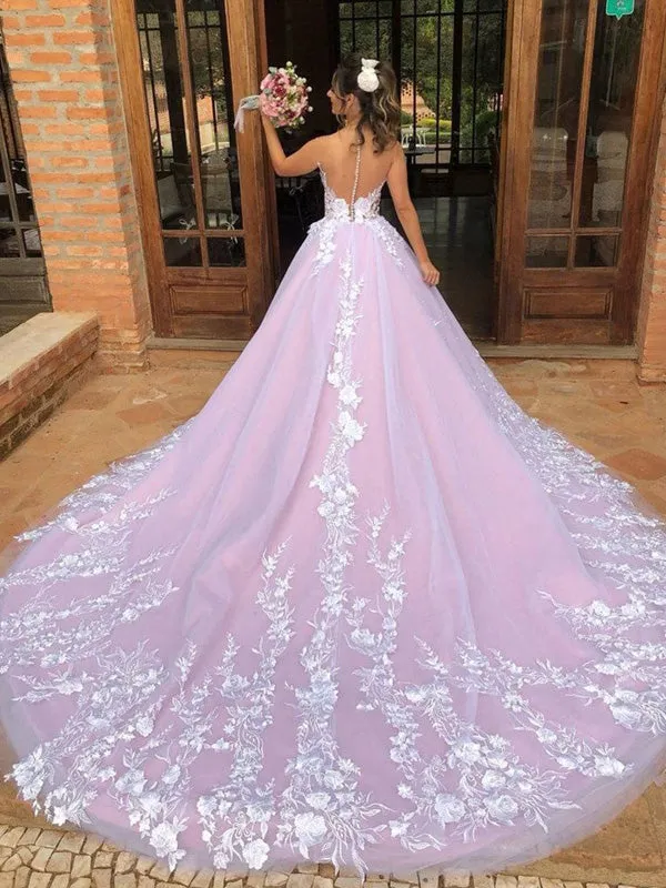 Sexy Luxury Pink Illusion Lace Backless A-line Long Train Wedding Dress, WD3050