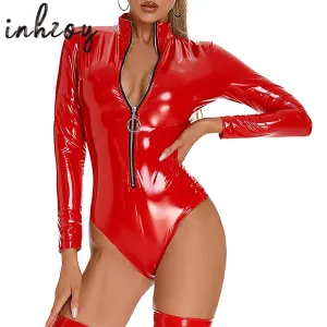 Sexy Patent Leather Bodysuit Clubwear Wet Look Mock Neck Glossy Long Sleeve Zipper