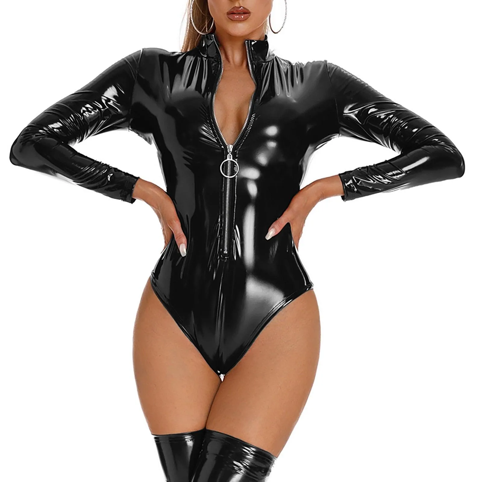Sexy Patent Leather Bodysuit Clubwear Wet Look Mock Neck Glossy Long Sleeve Zipper