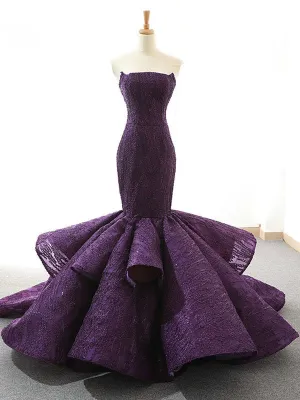 Sexy Strapless Mermaid Prom Dress Lace-Up Ruffle Skirt Unique Burgundy Lace Prom/Party Dresses SM7713