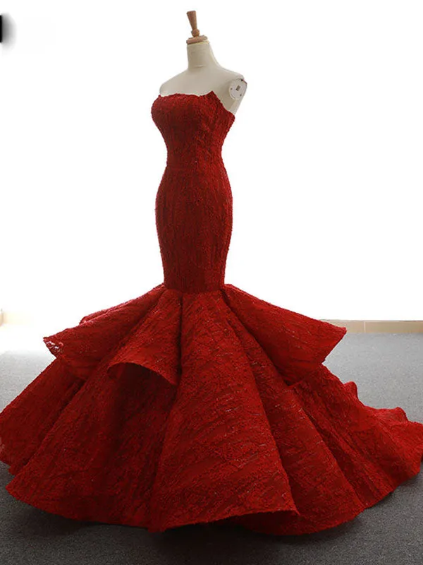 Sexy Strapless Mermaid Prom Dress Lace-Up Ruffle Skirt Unique Burgundy Lace Prom/Party Dresses SM7713