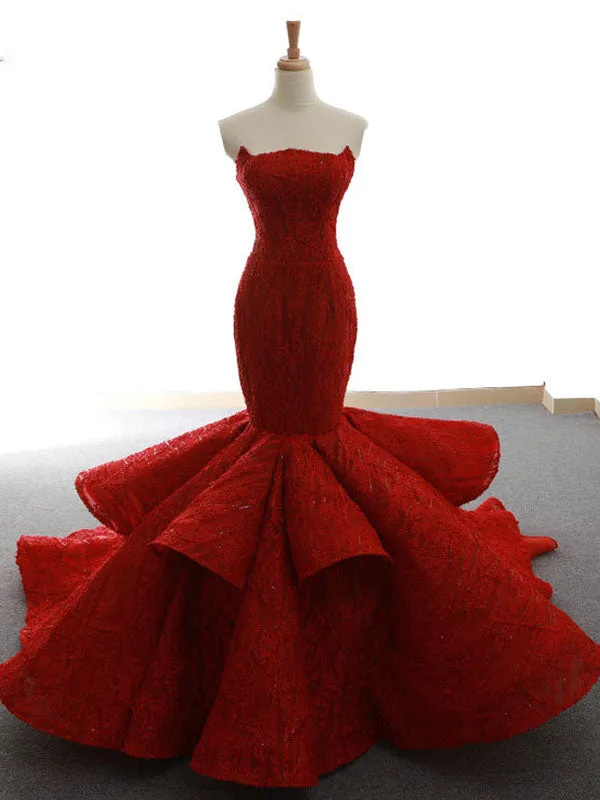 Sexy Strapless Mermaid Prom Dress Lace-Up Ruffle Skirt Unique Burgundy Lace Prom/Party Dresses SM7713