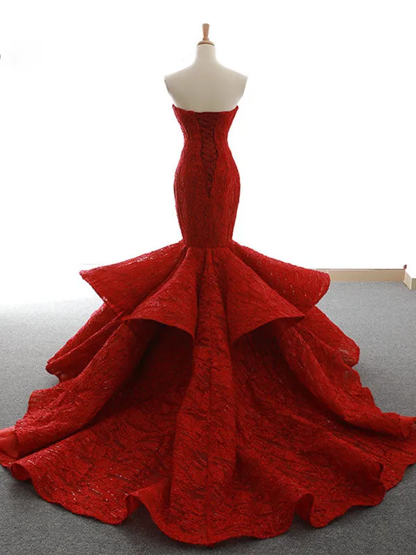 Sexy Strapless Mermaid Prom Dress Lace-Up Ruffle Skirt Unique Burgundy Lace Prom/Party Dresses SM7713