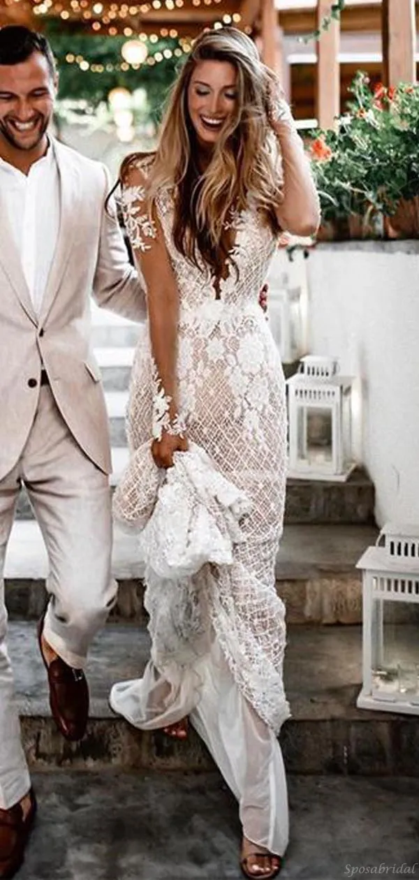 Sexy Unique Open Back Beaded Mermaid Lace Beach Vintage Wedding Dresses, WD0529