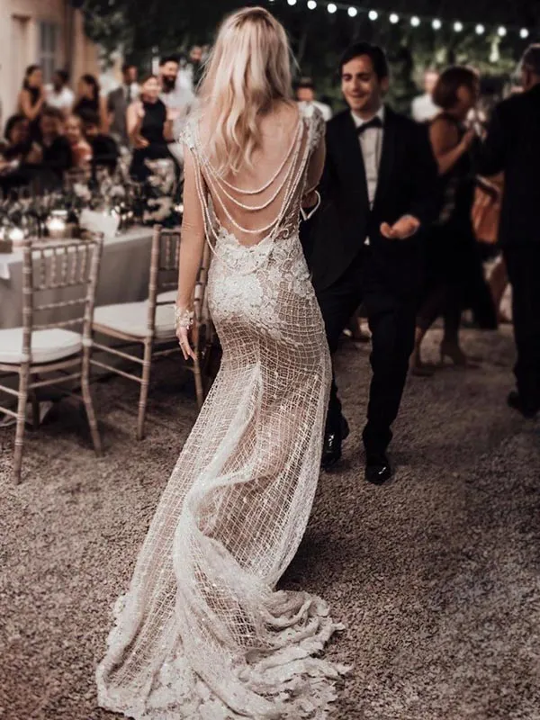 Sexy Unique Open Back Beaded Mermaid Lace Beach Vintage Wedding Dresses, WD0529