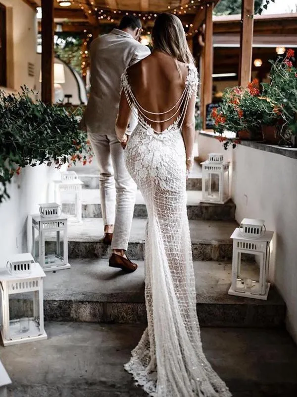 Sexy Unique Open Back Beaded Mermaid Lace Beach Vintage Wedding Dresses, WD0529