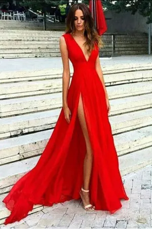 Sexy V-neck Red Split Prom Dresses,Simple Slit Sexy Party Dress OK177