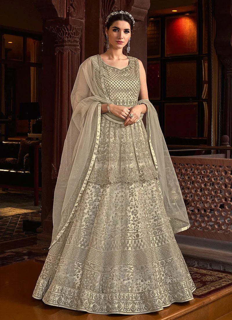 Silver Embroidered Layered Anarkali Suit