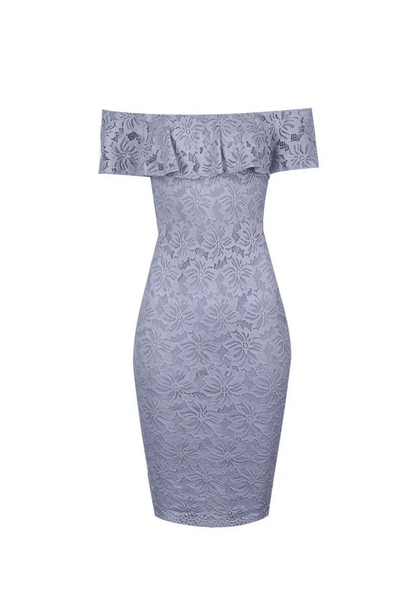 Silver Ruffled Off The Shoulder Lace Midi Dress