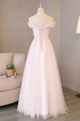 Simple Blush Pink Long Spring Senior Prom Dress With Lace Appliques OHC493