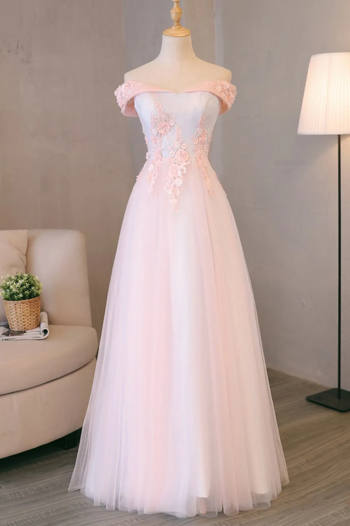 Simple Blush Pink Long Spring Senior Prom Dress With Lace Appliques OHC493