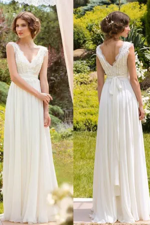 Simple V-neck Floor-length Chiffon Sleeveless Bridal Gown Wedding Dresses OHD135