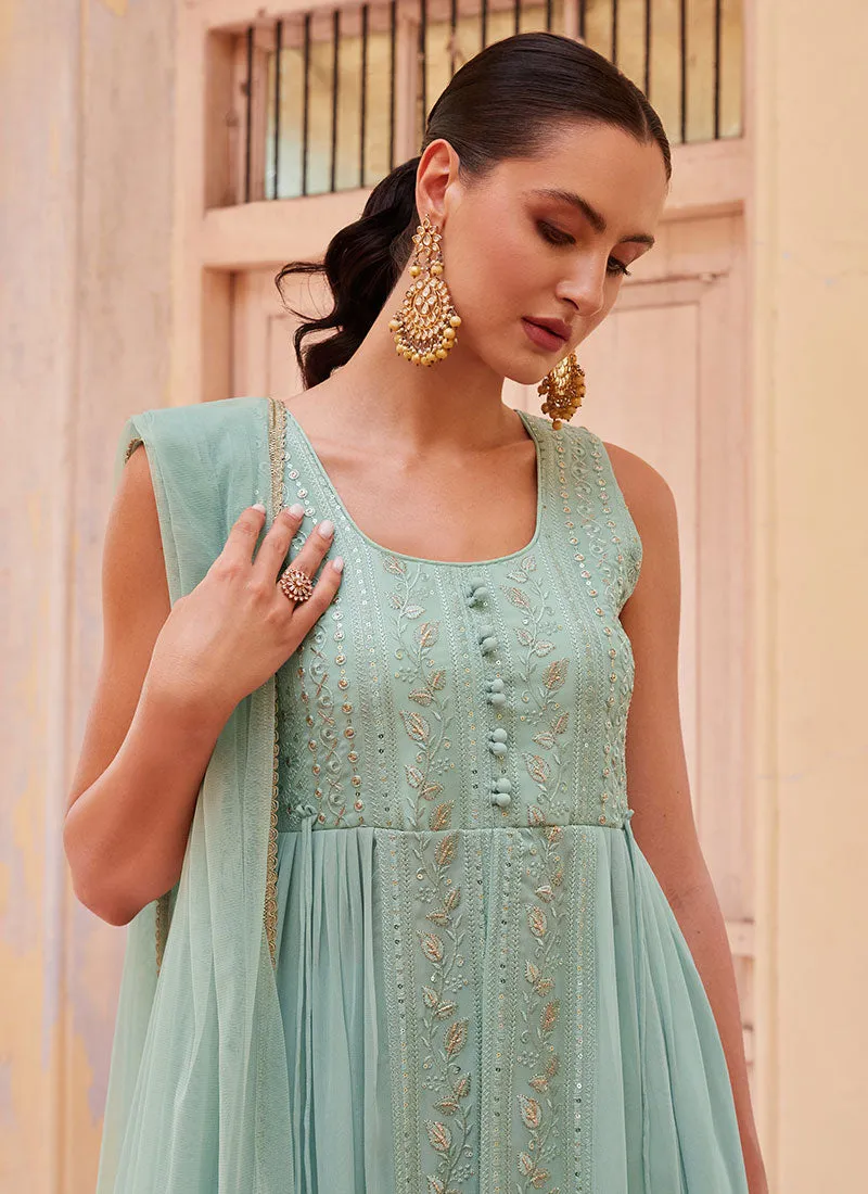 Sky Blue Thread And Sequence Embroidery Slit Style Anarkali Pant Suit