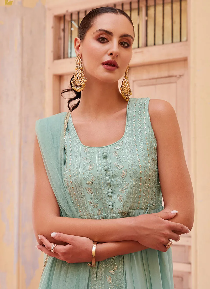 Sky Blue Thread And Sequence Embroidery Slit Style Anarkali Pant Suit